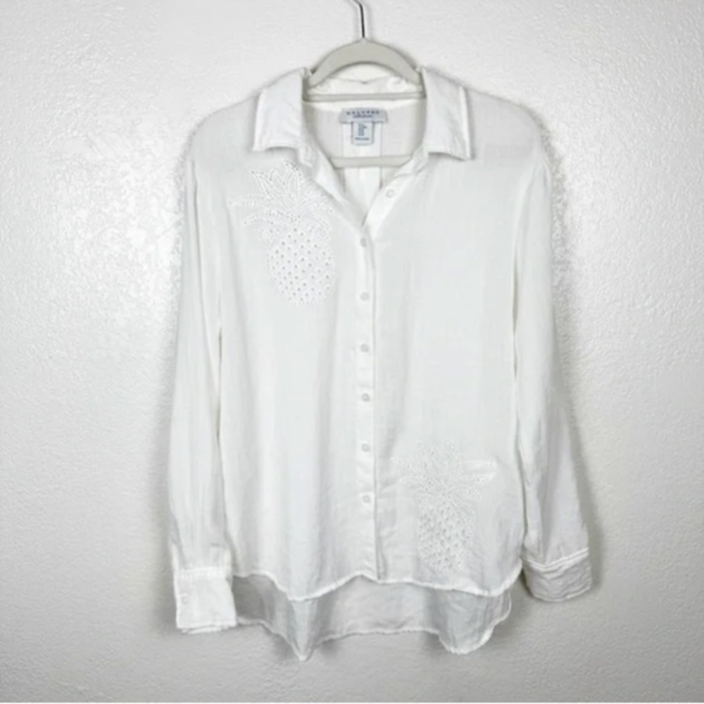 Calypso St. Barth White Button Down Pineapple Eyelet Shirt Size Medium